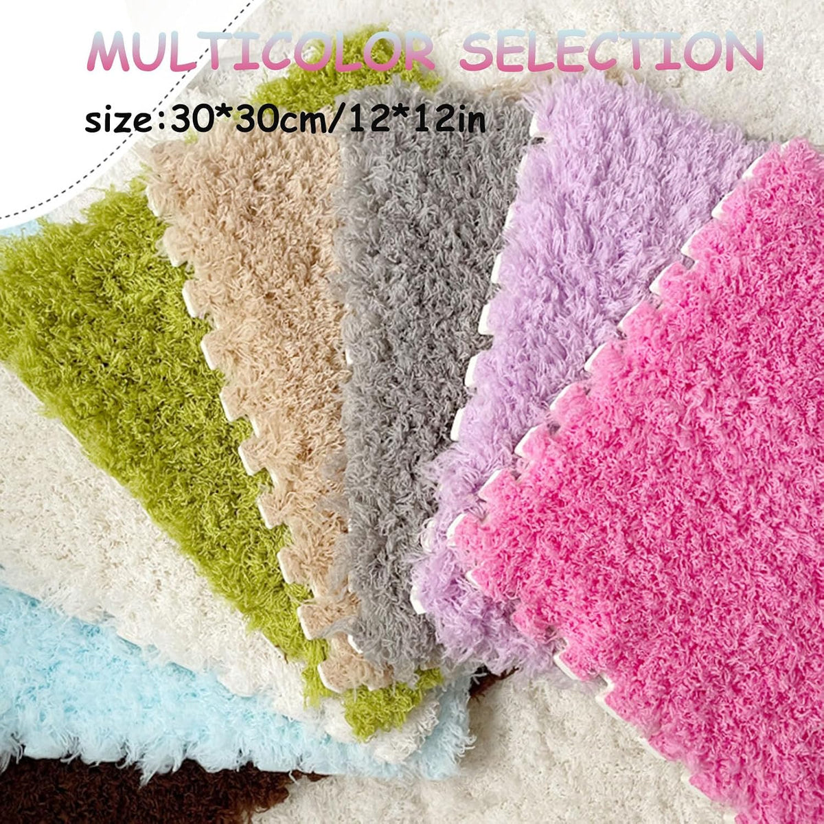 Thickened Plush Foam Interlocking Floor Carpet Mat, 24 Piece 12x12in Fluffy Square Puzzle Foam Carpet Tiles with Edgings, Soft Anti-Slip Shaggy Area Rug Playmat (Green+White)