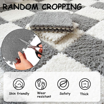 Thickened Plush Foam Interlocking Floor Carpet Mat, 24 Piece 12x12in Fluffy Square Puzzle Foam Carpet Tiles with Edgings, Soft Anti-Slip Shaggy Area Rug Playmat (Green+White)