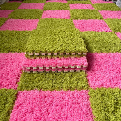 Thickened Plush Foam Interlocking Floor Carpet Mat, 24 Piece 12x12in Fluffy Square Puzzle Foam Carpet Tiles with Edgings, Soft Anti-Slip Shaggy Area Rug Playmat (Green+White)