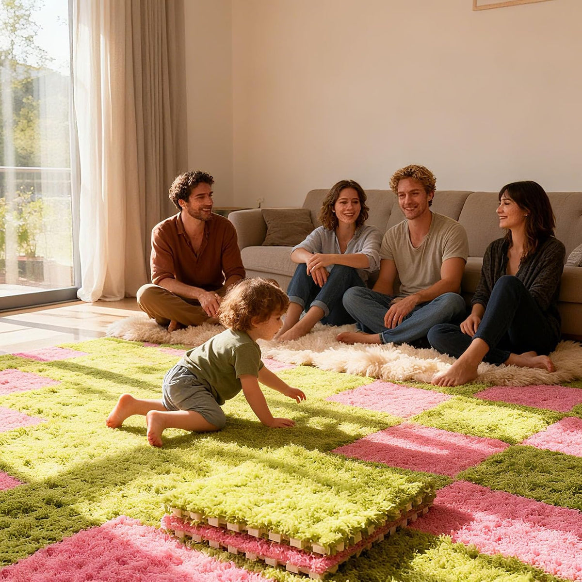 Thickened Plush Foam Interlocking Floor Carpet Mat, 24 Piece 12x12in Fluffy Square Puzzle Foam Carpet Tiles with Edgings, Soft Anti-Slip Shaggy Area Rug Playmat (Green+White)