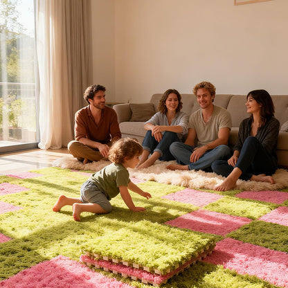Thickened Plush Foam Interlocking Floor Carpet Mat, 24 Piece 12x12in Fluffy Square Puzzle Foam Carpet Tiles with Edgings, Soft Anti-Slip Shaggy Area Rug Playmat (Green+White)