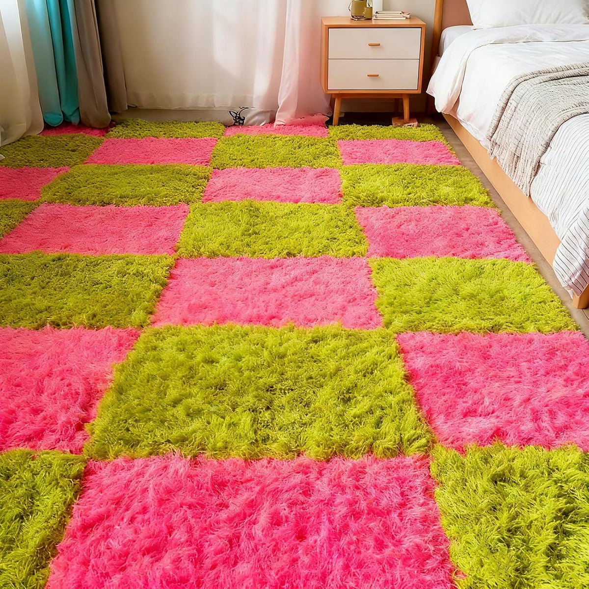 Thickened Plush Foam Interlocking Floor Carpet Mat, 24 Piece 12x12in Fluffy Square Puzzle Foam Carpet Tiles with Edgings, Soft Anti-Slip Shaggy Area Rug Playmat (Green+White)