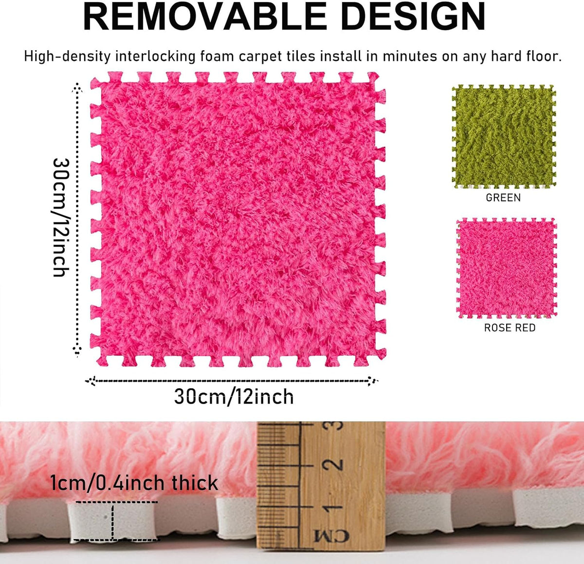 Thickened Plush Foam Interlocking Floor Carpet Mat, 24 Piece 12x12in Fluffy Square Puzzle Foam Carpet Tiles with Edgings, Soft Anti-Slip Shaggy Area Rug Playmat (Green+White)