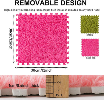 Thickened Plush Foam Interlocking Floor Carpet Mat, 24 Piece 12x12in Fluffy Square Puzzle Foam Carpet Tiles with Edgings, Soft Anti-Slip Shaggy Area Rug Playmat (Green+White)
