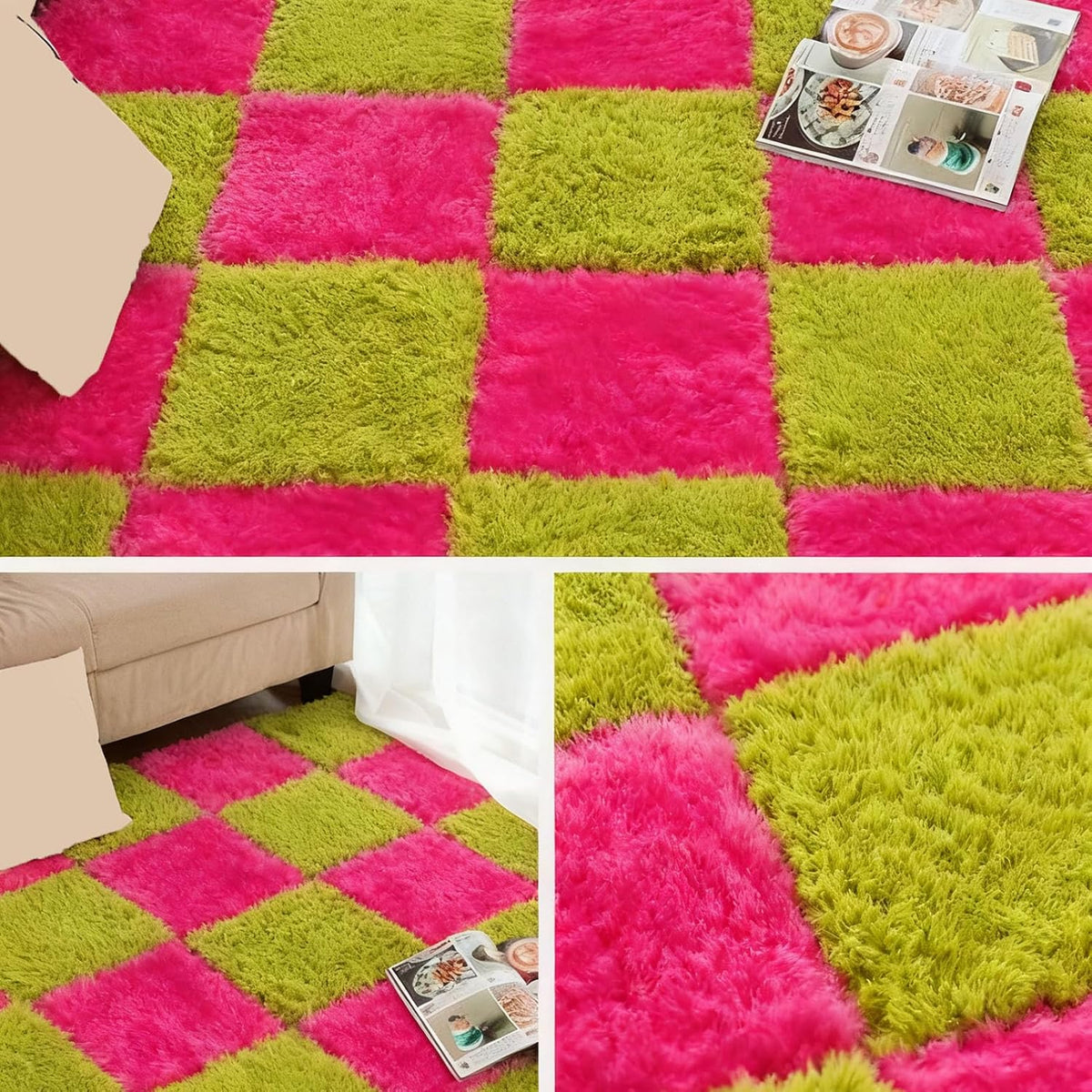 Thickened Plush Foam Interlocking Floor Carpet Mat, 24 Piece 12x12in Fluffy Square Puzzle Foam Carpet Tiles with Edgings, Soft Anti-Slip Shaggy Area Rug Playmat (Green+White)