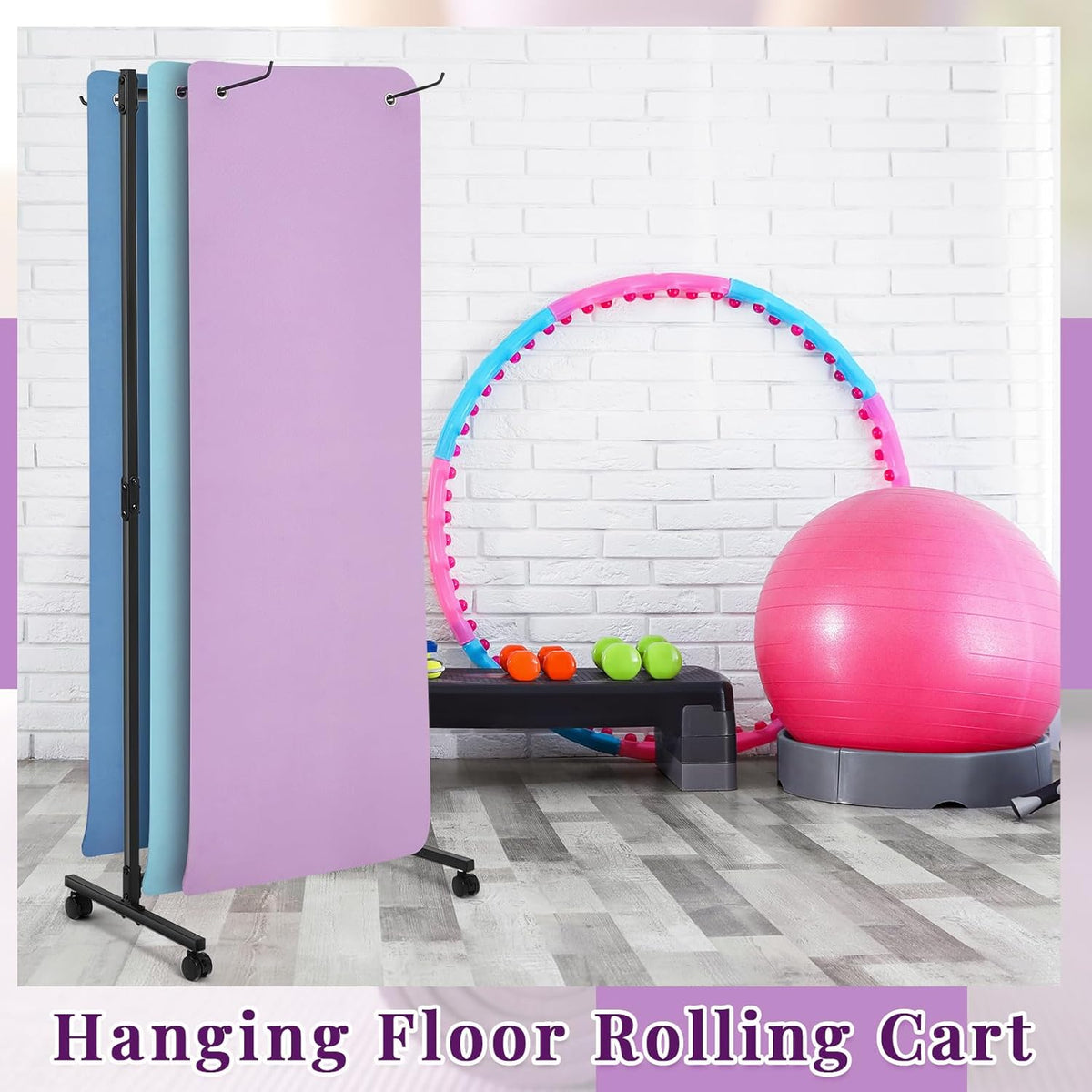Hanging Yoga Mat Rolling Cart on Wheels Large Capacity Yoga Mat Rack Holder Stand Storage, Holds 40 Mats for Gym Workout Room Equipment