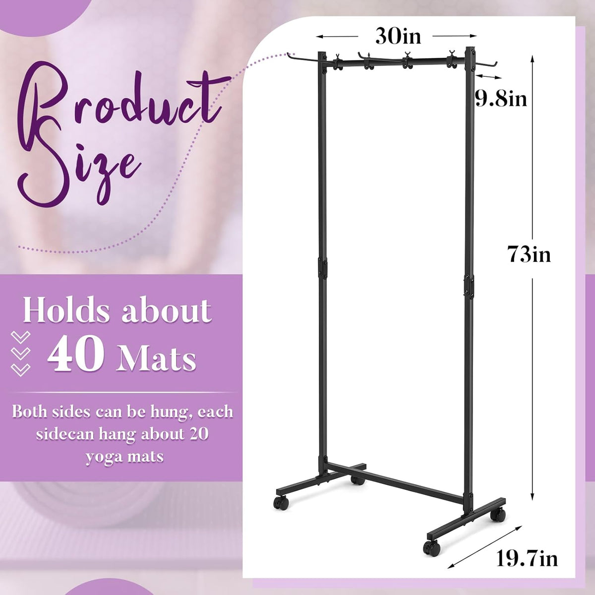 Hanging Yoga Mat Rolling Cart on Wheels Large Capacity Yoga Mat Rack Holder Stand Storage, Holds 40 Mats for Gym Workout Room Equipment