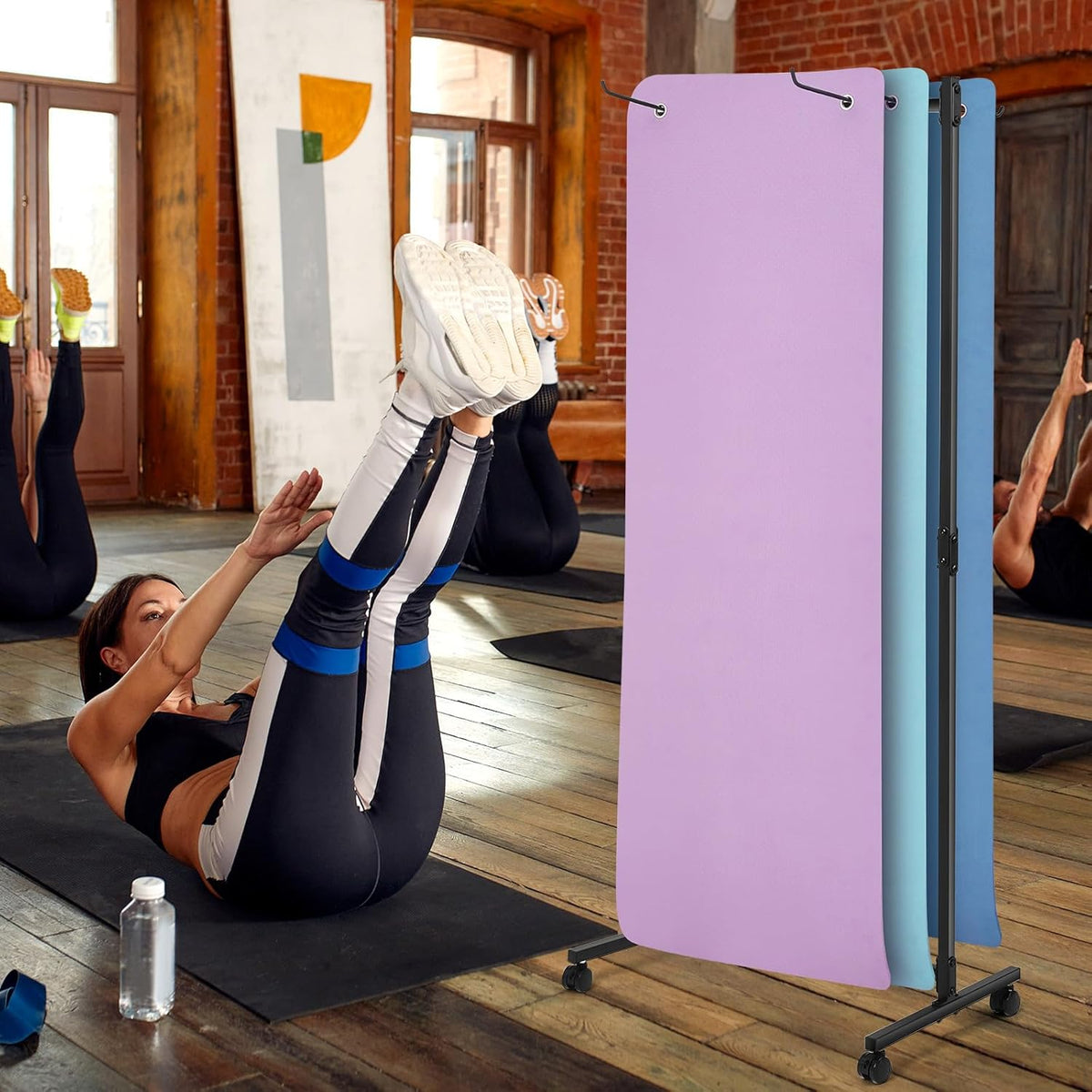 Hanging Yoga Mat Rolling Cart on Wheels Large Capacity Yoga Mat Rack Holder Stand Storage, Holds 40 Mats for Gym Workout Room Equipment