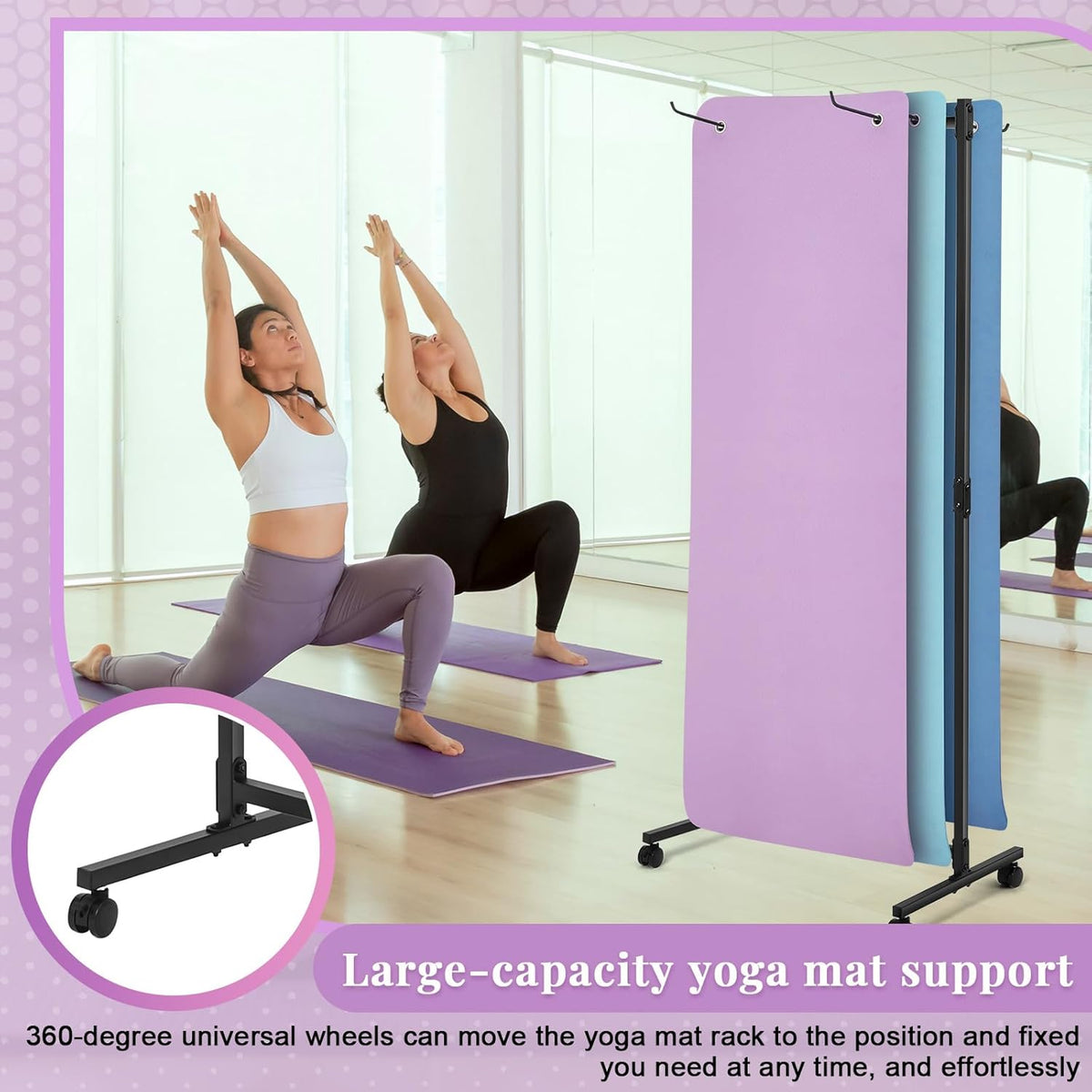 Hanging Yoga Mat Rolling Cart on Wheels Large Capacity Yoga Mat Rack Holder Stand Storage, Holds 40 Mats for Gym Workout Room Equipment