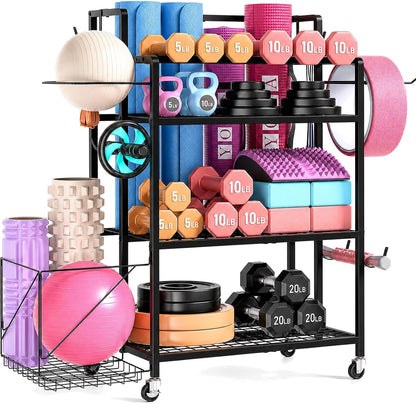 4-Tier Weight Rack for Home Gym with Wheels, Hooks and Dumbbell Storage