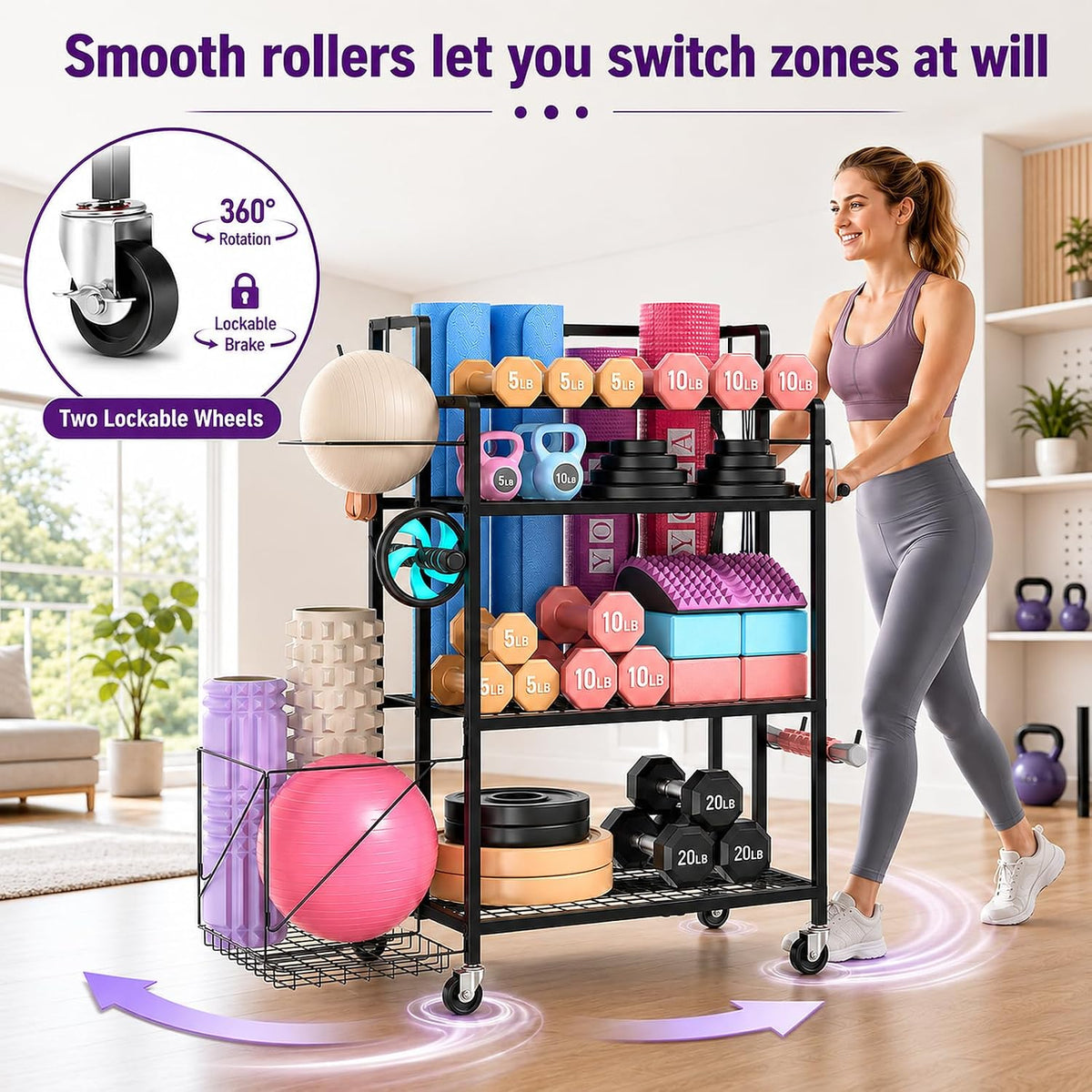 4-Tier Weight Rack for Home Gym with Wheels, Hooks and Dumbbell Storage