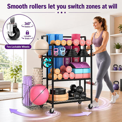 4-Tier Weight Rack for Home Gym with Wheels, Hooks and Dumbbell Storage