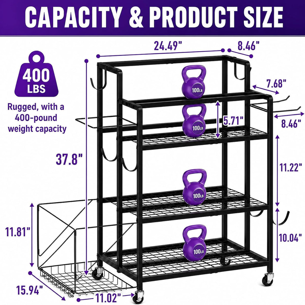 4-Tier Weight Rack for Home Gym with Wheels, Hooks and Dumbbell Storage