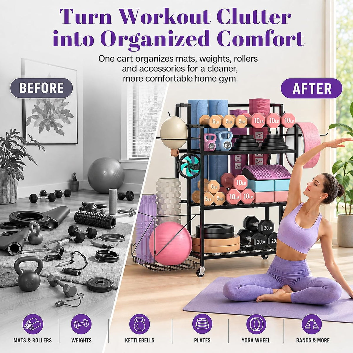 4-Tier Weight Rack for Home Gym with Wheels, Hooks and Dumbbell Storage