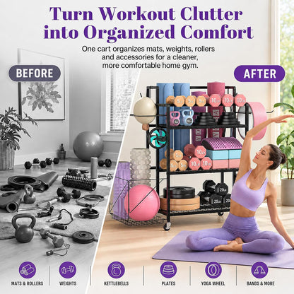 4-Tier Weight Rack for Home Gym with Wheels, Hooks and Dumbbell Storage