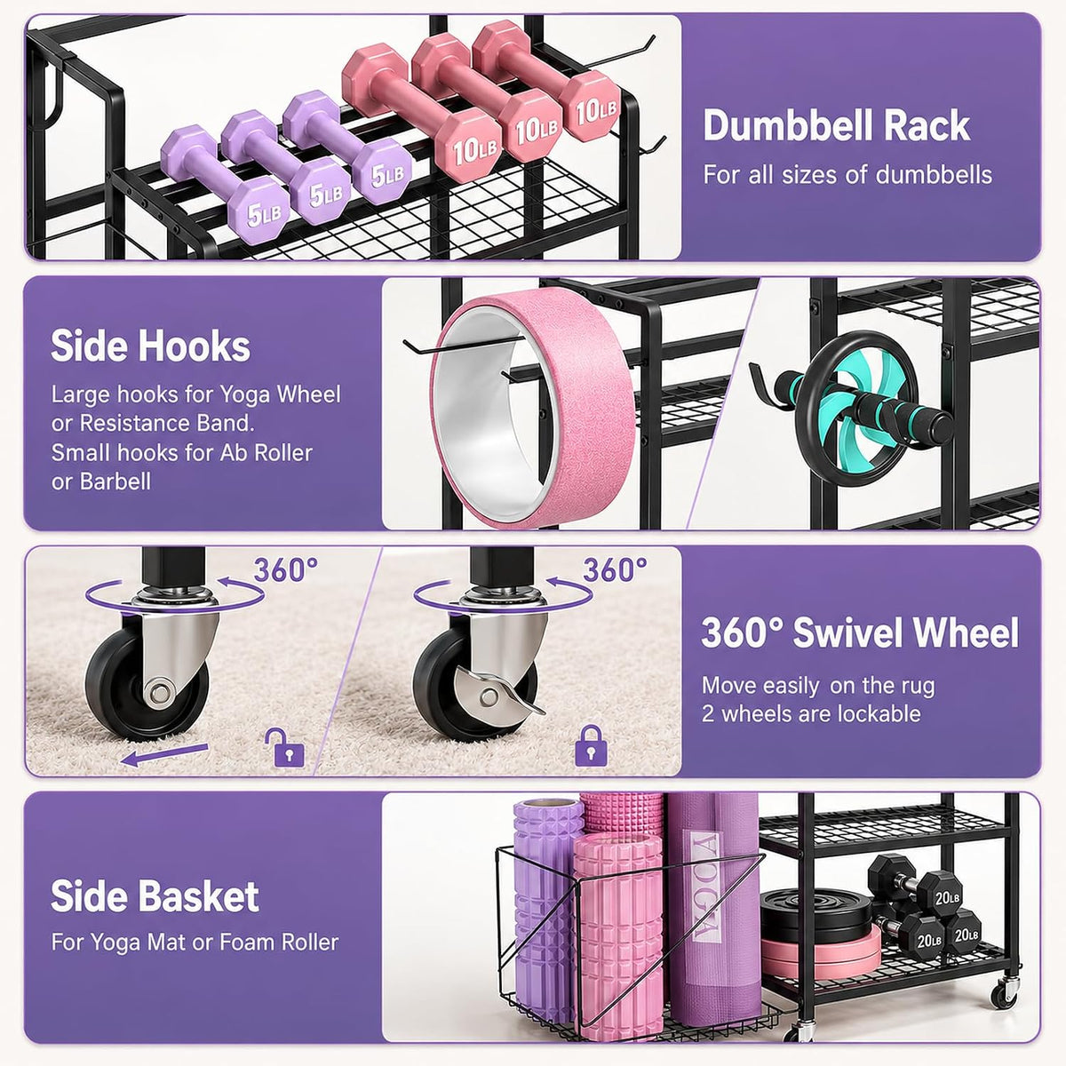 4-Tier Weight Rack for Home Gym with Wheels, Hooks and Dumbbell Storage