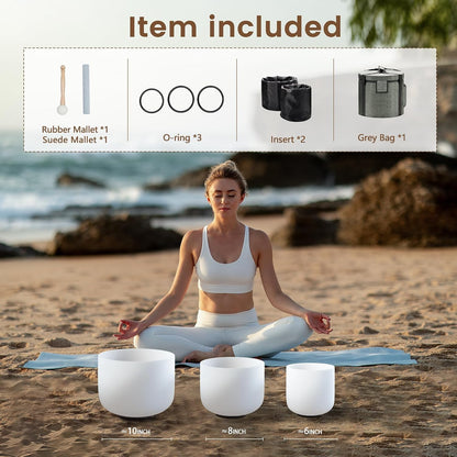 Crystal Singing Bowls Set of 3 440HZ 6" A 8" F and 10" C