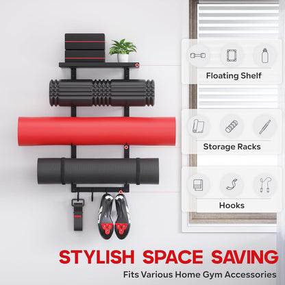 Yoga Mat Holder Wall Mount, Home Gym Storage Rack with Top Floating Shelf