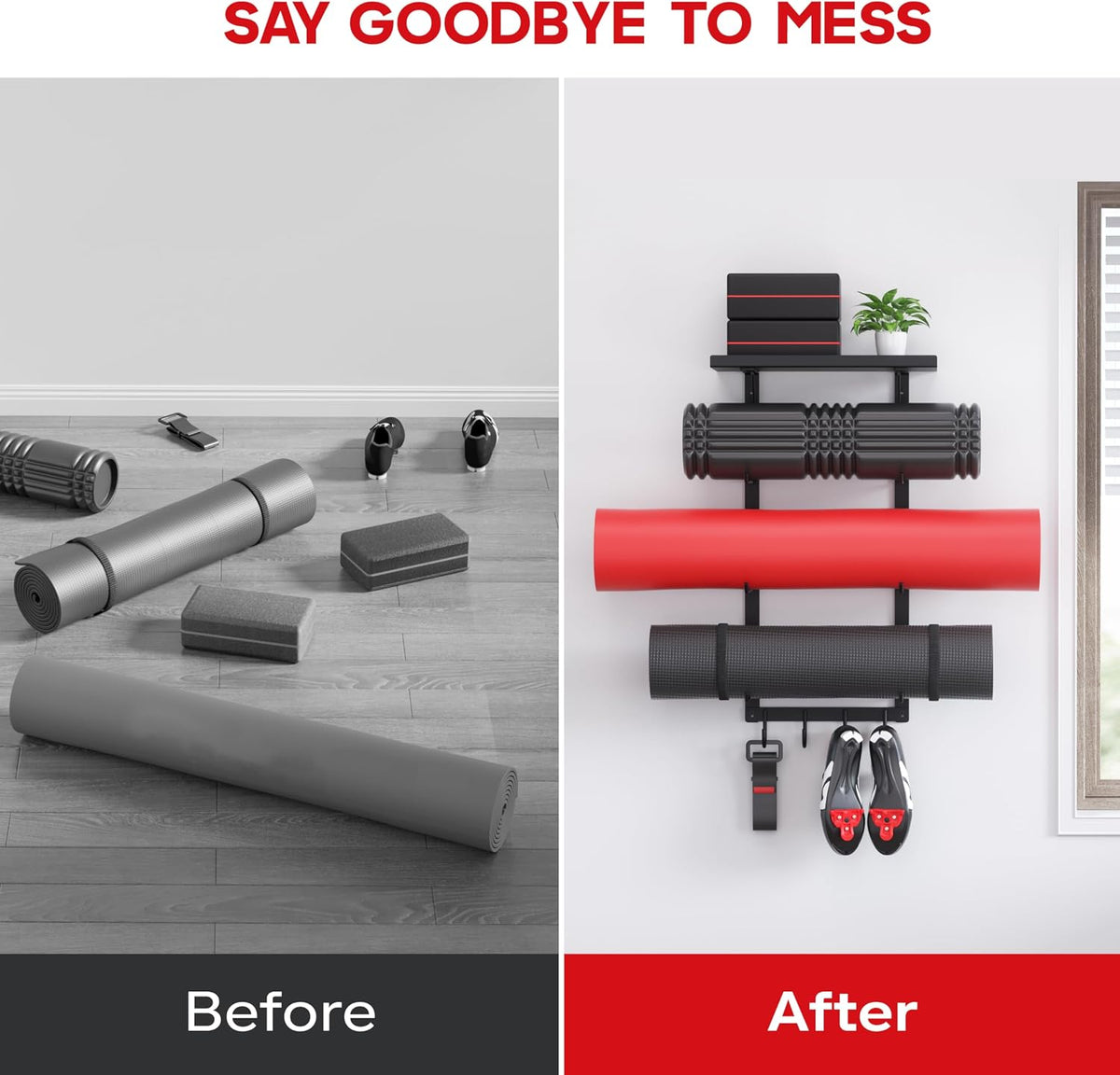 Yoga Mat Holder Wall Mount, Home Gym Storage Rack with Top Floating Shelf