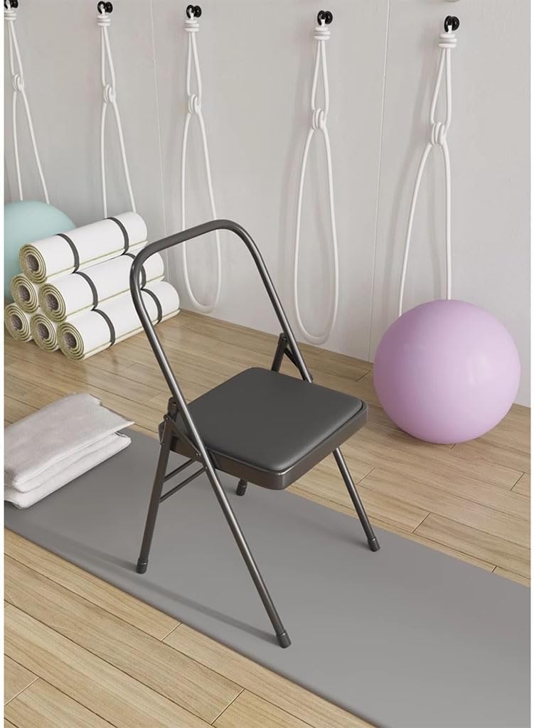 Yoga Auxiliary Chair,Backless Yoga Chair,Portable Folding Yoga Chair with Non-Slip Feet Covers,PU Leather,Double Beam Design,Iyengar Yoga Chair, Black