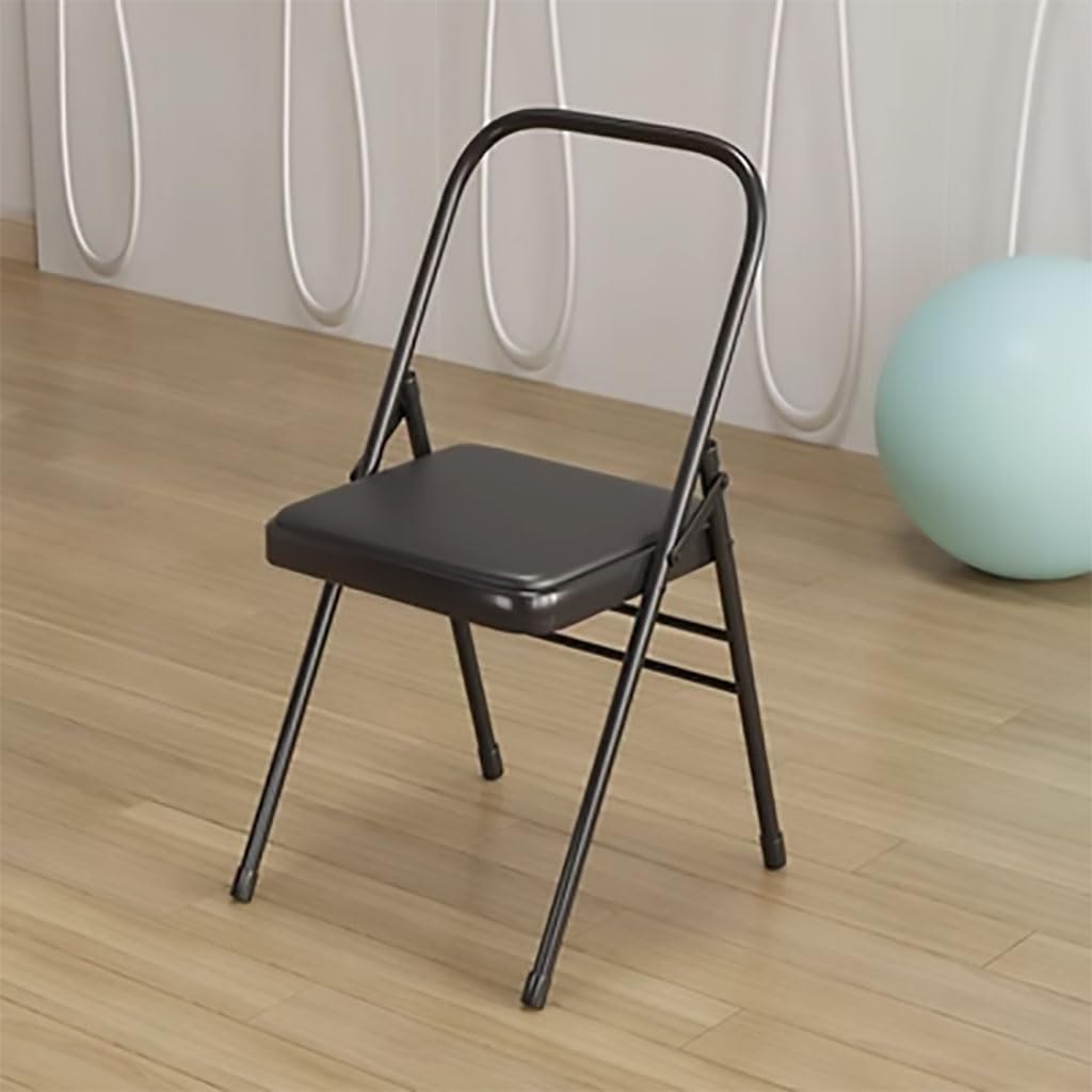 Yoga Auxiliary Chair,Backless Yoga Chair,Portable Folding Yoga Chair with Non-Slip Feet Covers,PU Leather,Double Beam Design,Iyengar Yoga Chair, Black