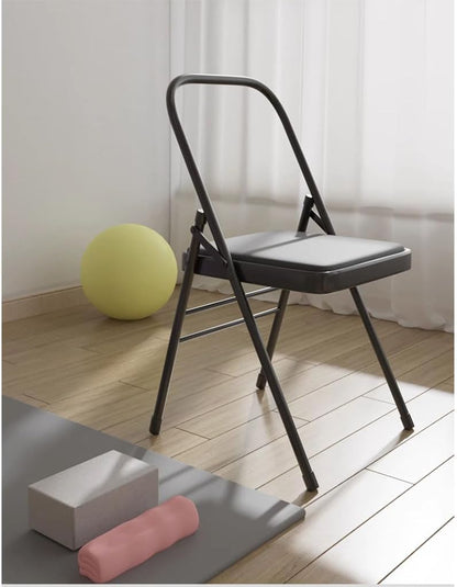 Yoga Auxiliary Chair,Backless Yoga Chair,Portable Folding Yoga Chair with Non-Slip Feet Covers,PU Leather,Double Beam Design,Iyengar Yoga Chair, Black