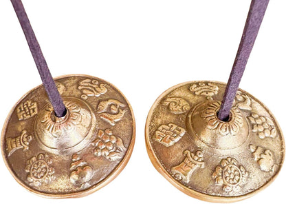 Tibetan Tingsha Cymbals, 2.6 inch Bronze Meditation Bells with Drawstring Bag, Traditional Sanskrit Design for Percussion Instrument