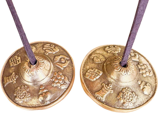 Tibetan Tingsha Cymbals, 2.6 inch Bronze Meditation Bells with Drawstring Bag, Traditional Sanskrit Design for Percussion Instrument