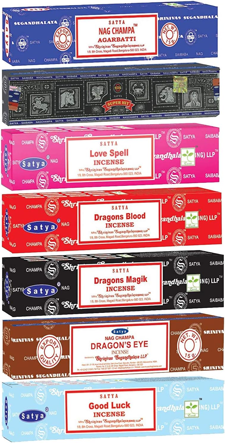 Satya Incense Gift Set Nag Champa, Super hit, Dragon's Blood, Sandalwood, Patchouli, Lavender, Positive Vibes, 15 g