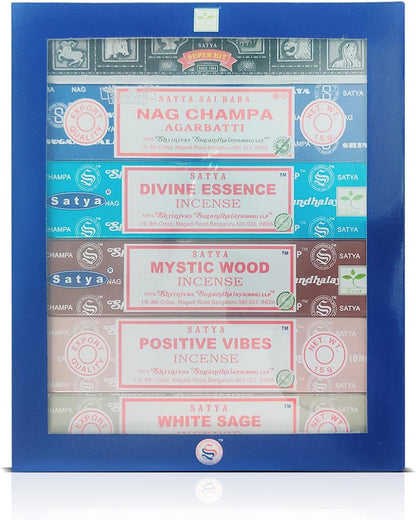 Satya Incense Gift Set Nag Champa, Super hit, Dragon's Blood, Sandalwood, Patchouli, Lavender, Positive Vibes, 15 g