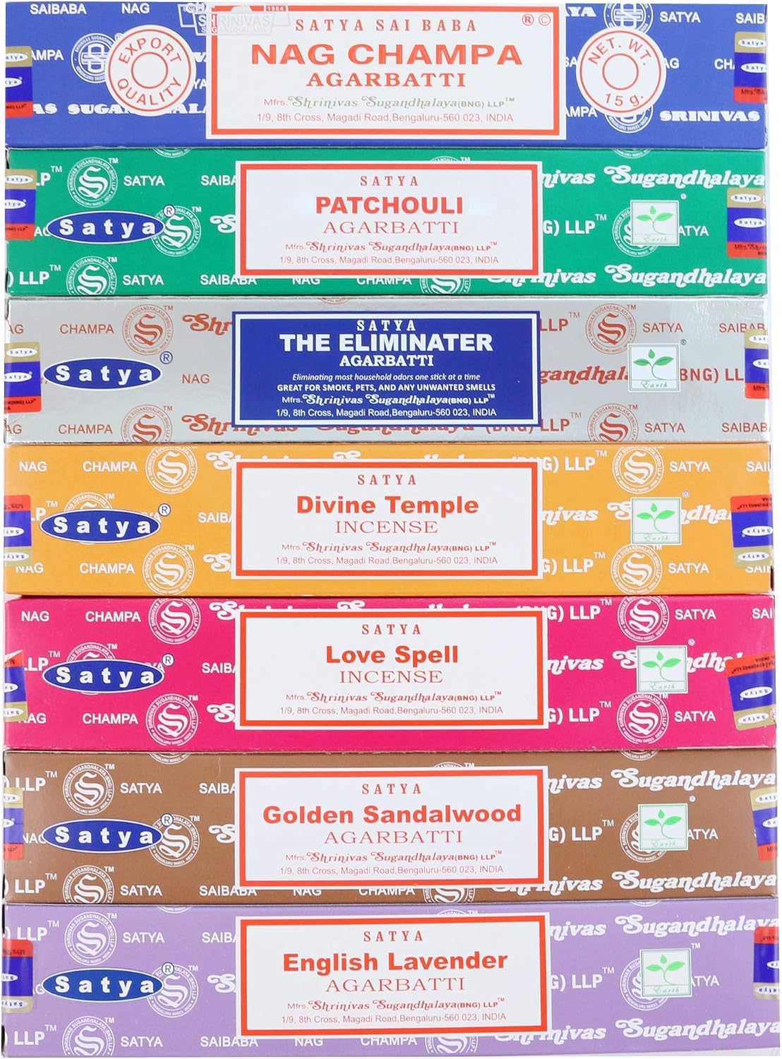 Satya Incense Gift Set Nag Champa, Super hit, Dragon's Blood, Sandalwood, Patchouli, Lavender, Positive Vibes, 15 g