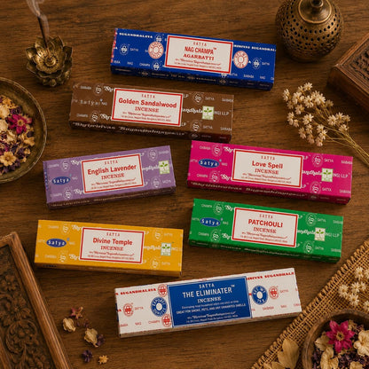 Satya Incense Gift Set Nag Champa, Super hit, Dragon's Blood, Sandalwood, Patchouli, Lavender, Positive Vibes, 15 g