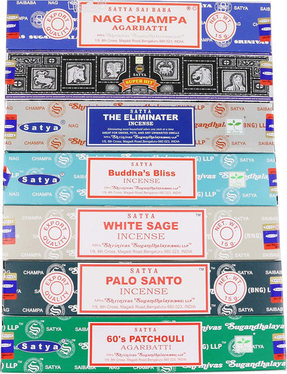 Satya Incense Gift Set Nag Champa, Super hit, Dragon's Blood, Sandalwood, Patchouli, Lavender, Positive Vibes, 15 g