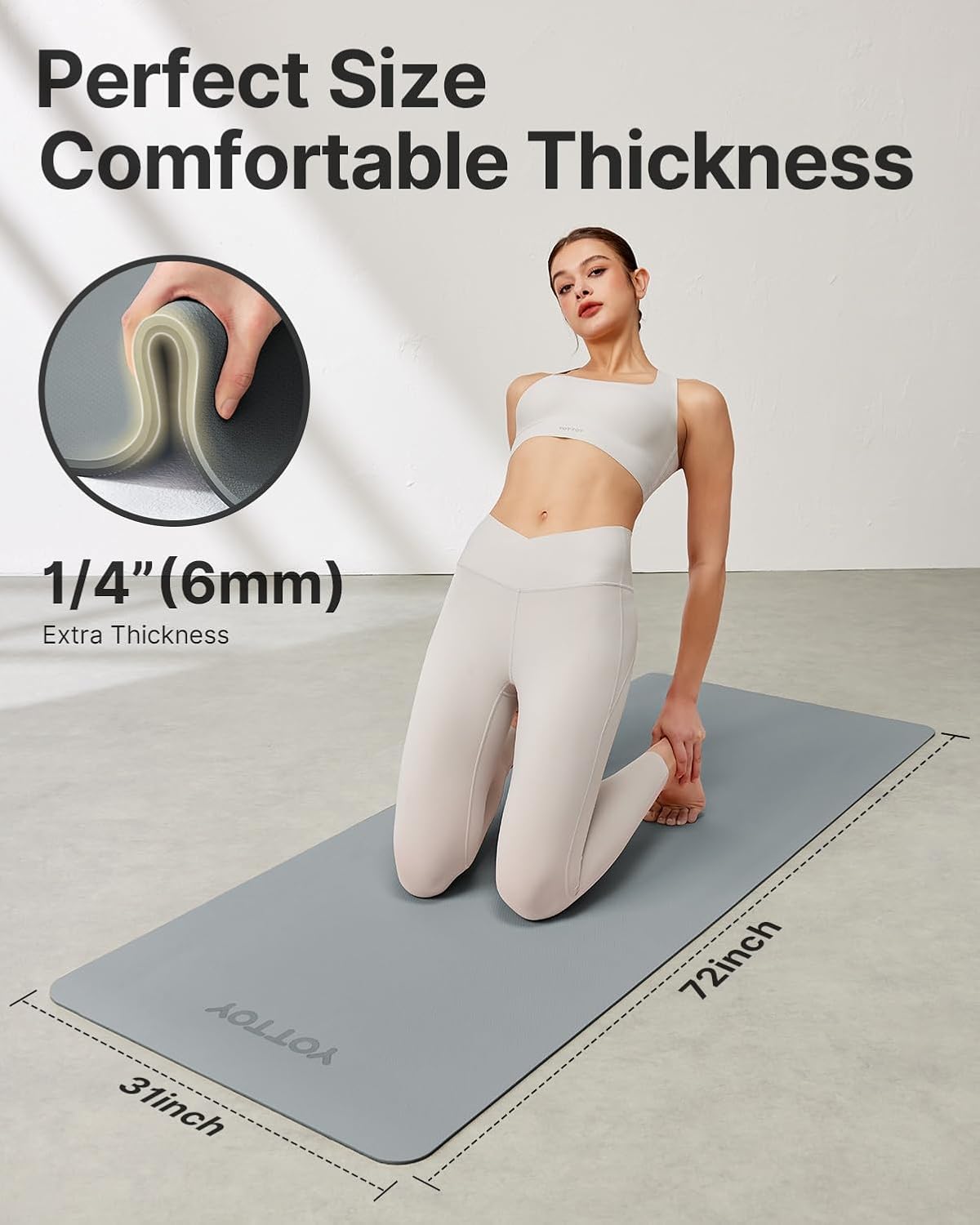 Yoga Mat,Non-Slip TPE Exercise Mat(1/4 Inch) for Pilates, Fitness & Barefoot Workouts, Home Gym Studio with Strap & Bag