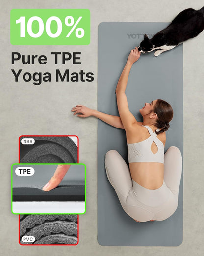 Yoga Mat,Non-Slip TPE Exercise Mat(1/4 Inch) for Pilates, Fitness & Barefoot Workouts, Home Gym Studio with Strap & Bag