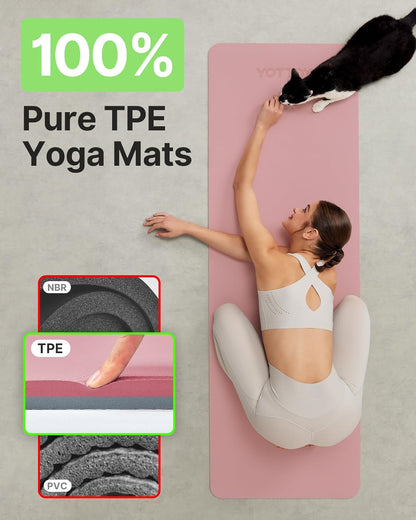 Yoga Mat,Non-Slip TPE Exercise Mat(1/4 Inch) for Pilates, Fitness & Barefoot Workouts, Home Gym Studio with Strap & Bag