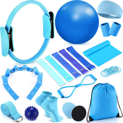 18 Pcs Home Pilates Kit for Women Pilates Ball and Ring Circle Set Yoga Fitness Essential with 5 Resistance Band Stretching Strap Non Slip Sock Ball Core Slider Wristband Headband Gym Bag