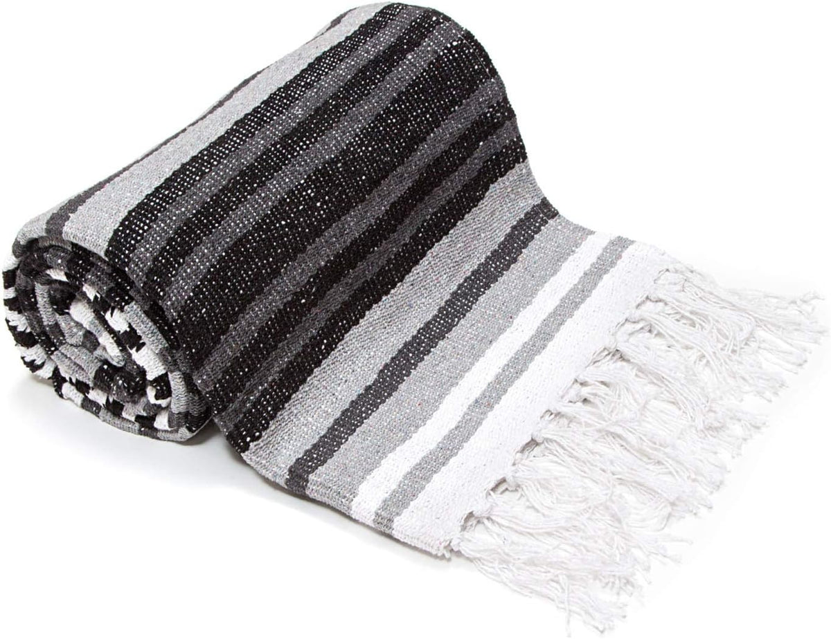50x70 Authentic Mexican Throw Blanket - Falsa Blanket - Soft Cotton Throw Blankets for Indoor or Outdoor - Use for Yoga, Meditation, or Beach - Grey Stripes
