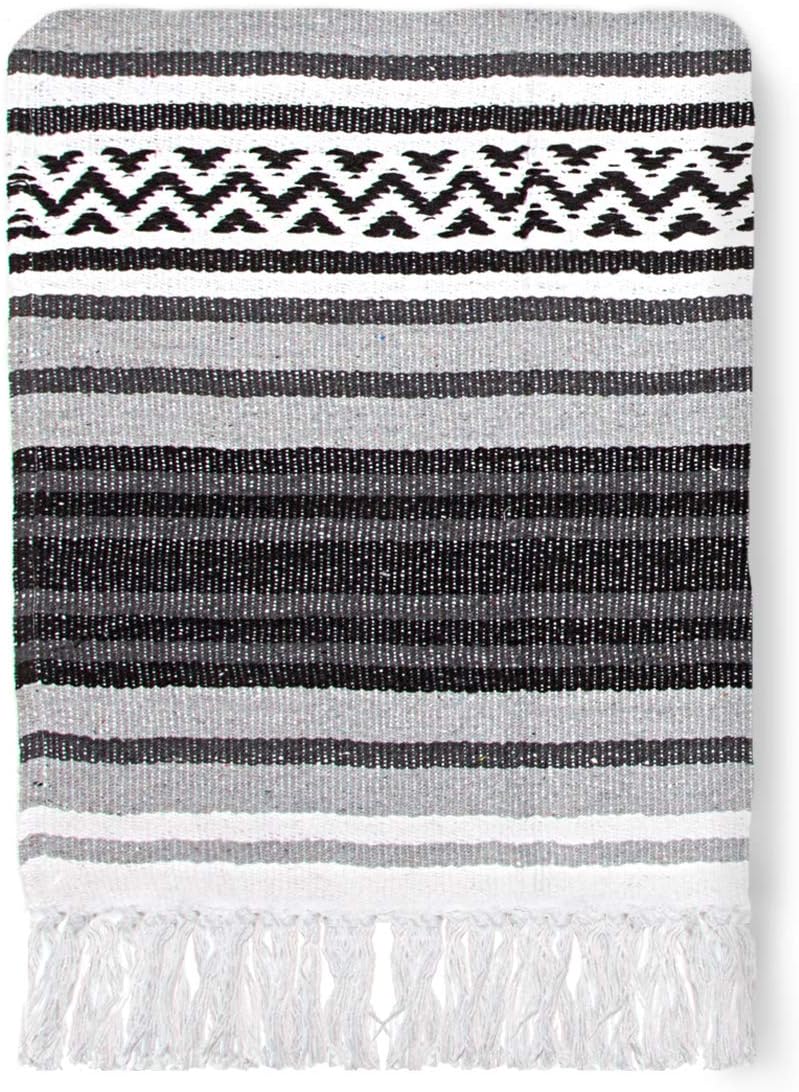 50x70 Authentic Mexican Throw Blanket - Falsa Blanket - Soft Cotton Throw Blankets for Indoor or Outdoor - Use for Yoga, Meditation, or Beach - Grey Stripes