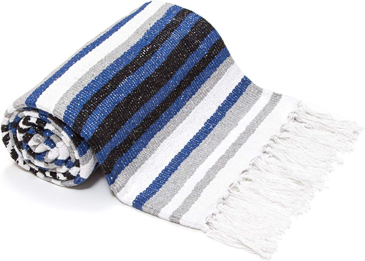 50x70 Authentic Mexican Throw Blanket - Falsa Blanket - Soft Cotton Throw Blankets for Indoor or Outdoor - Use for Yoga, Meditation, or Beach - Grey Stripes