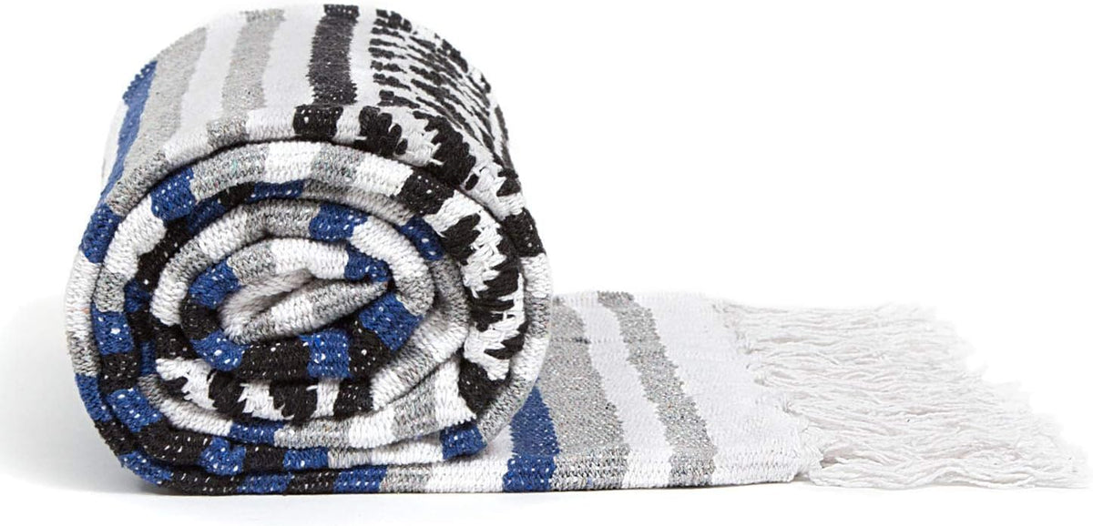 50x70 Authentic Mexican Throw Blanket - Falsa Blanket - Soft Cotton Throw Blankets for Indoor or Outdoor - Use for Yoga, Meditation, or Beach - Grey Stripes