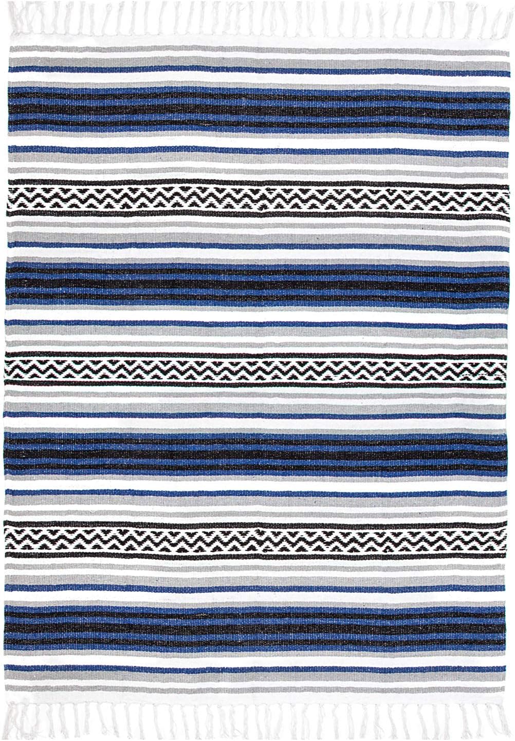 50x70 Authentic Mexican Throw Blanket - Falsa Blanket - Soft Cotton Throw Blankets for Indoor or Outdoor - Use for Yoga, Meditation, or Beach - Grey Stripes