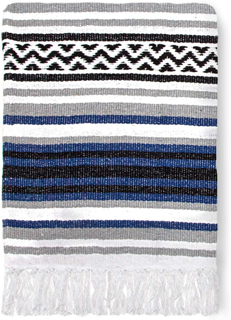 50x70 Authentic Mexican Throw Blanket - Falsa Blanket - Soft Cotton Throw Blankets for Indoor or Outdoor - Use for Yoga, Meditation, or Beach - Grey Stripes