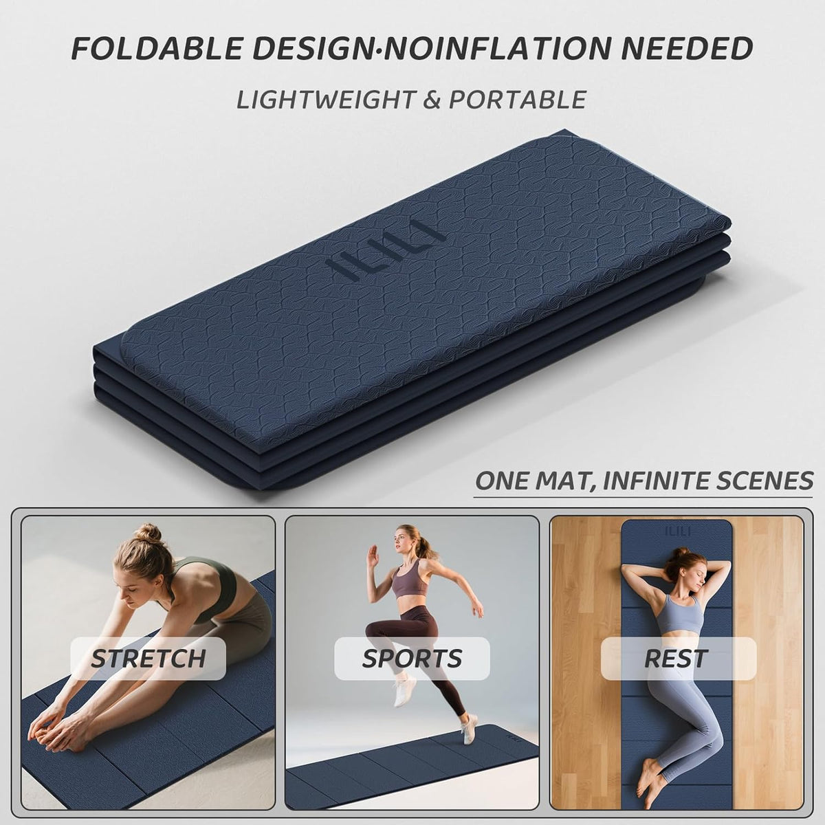 Foldable Yoga Mat 71 * 24 * 0.3 Inch | Lightweight TPE Non Slip Exercise Mat, Waterproof Portable Fitness Mat for Home Gym, Pilates, Stretching & Daily Workouts
