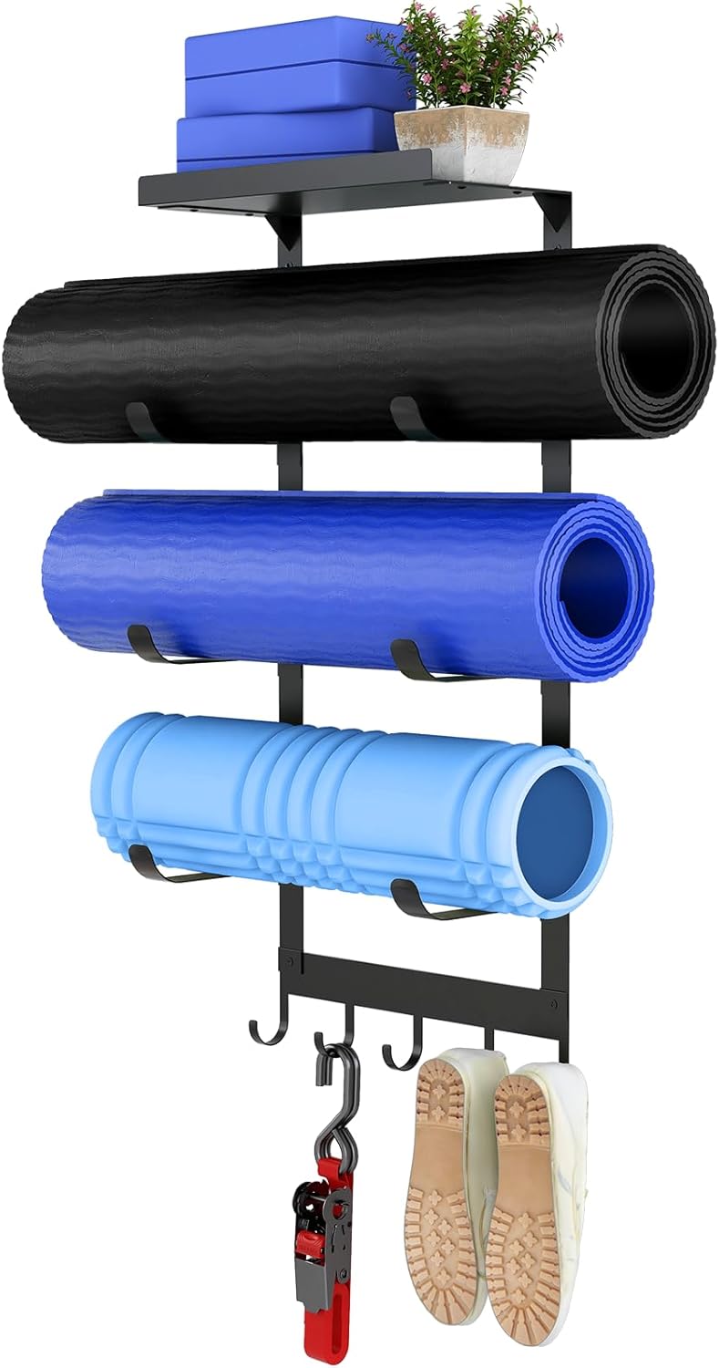 Yoga Mat Holder Wall Mount, 4-Tiers Yoga Mats Storage, Black