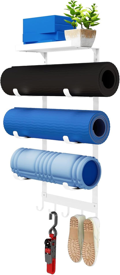 Yoga Mat Holder Wall Mount, 4-Tiers Yoga Mats Storage, Black
