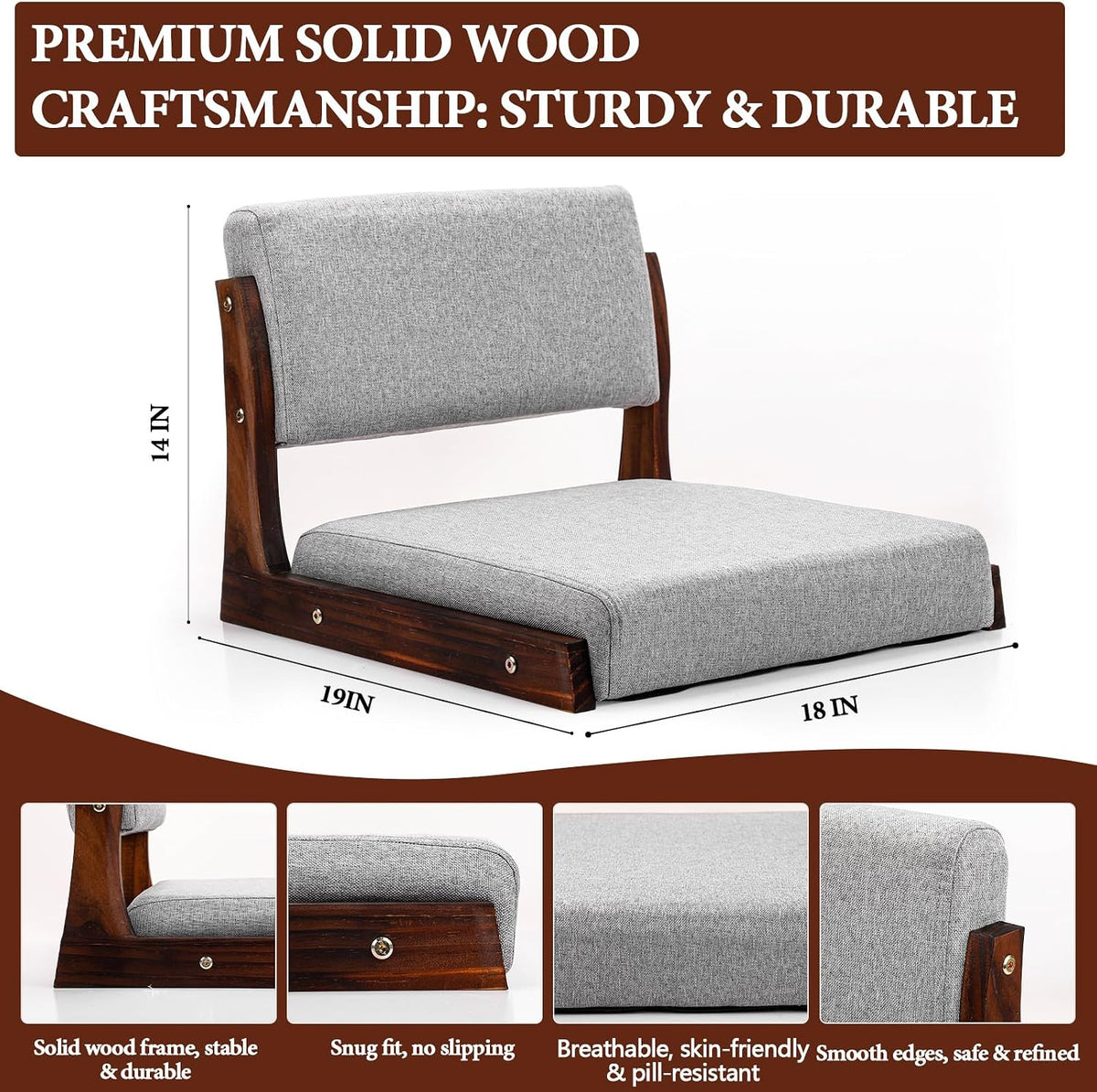 2 Pack Tatami Chairs with Back Support & Cushion,Gray
