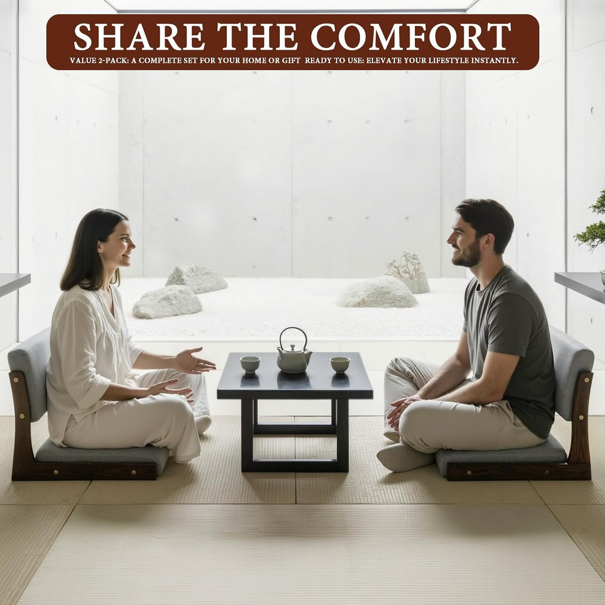 2 Pack Tatami Chairs with Back Support & Cushion,Gray
