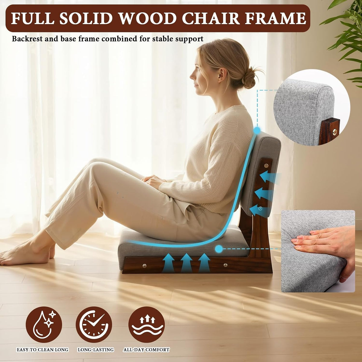 2 Pack Tatami Chairs with Back Support & Cushion,Gray