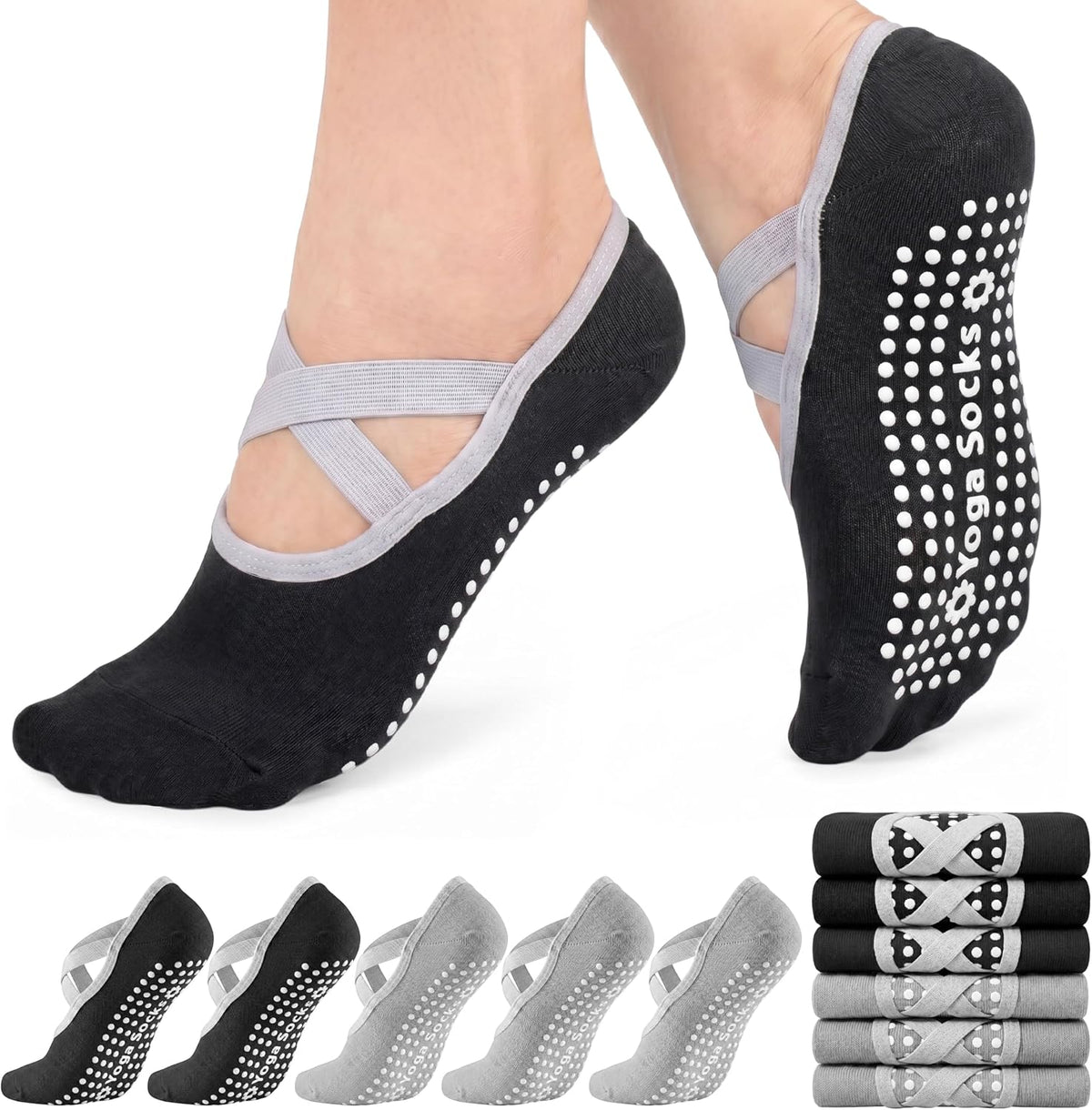 6 Pairs Pilates Socks for women, Non-Slip Yoga Socks With Grip&Strap for Dance Barre Ballet Fitness Workout（5-9）